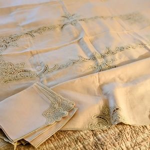 SOLD Antique Pink Linen Battenburg Lace Tablecloth Set 90x66